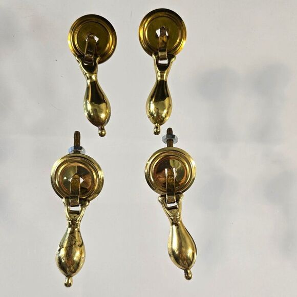 Cabinet Drawer 4 Teardrop Drop Pulls w Backplates Vintage Furniture Hardware - Picture 1 of 6